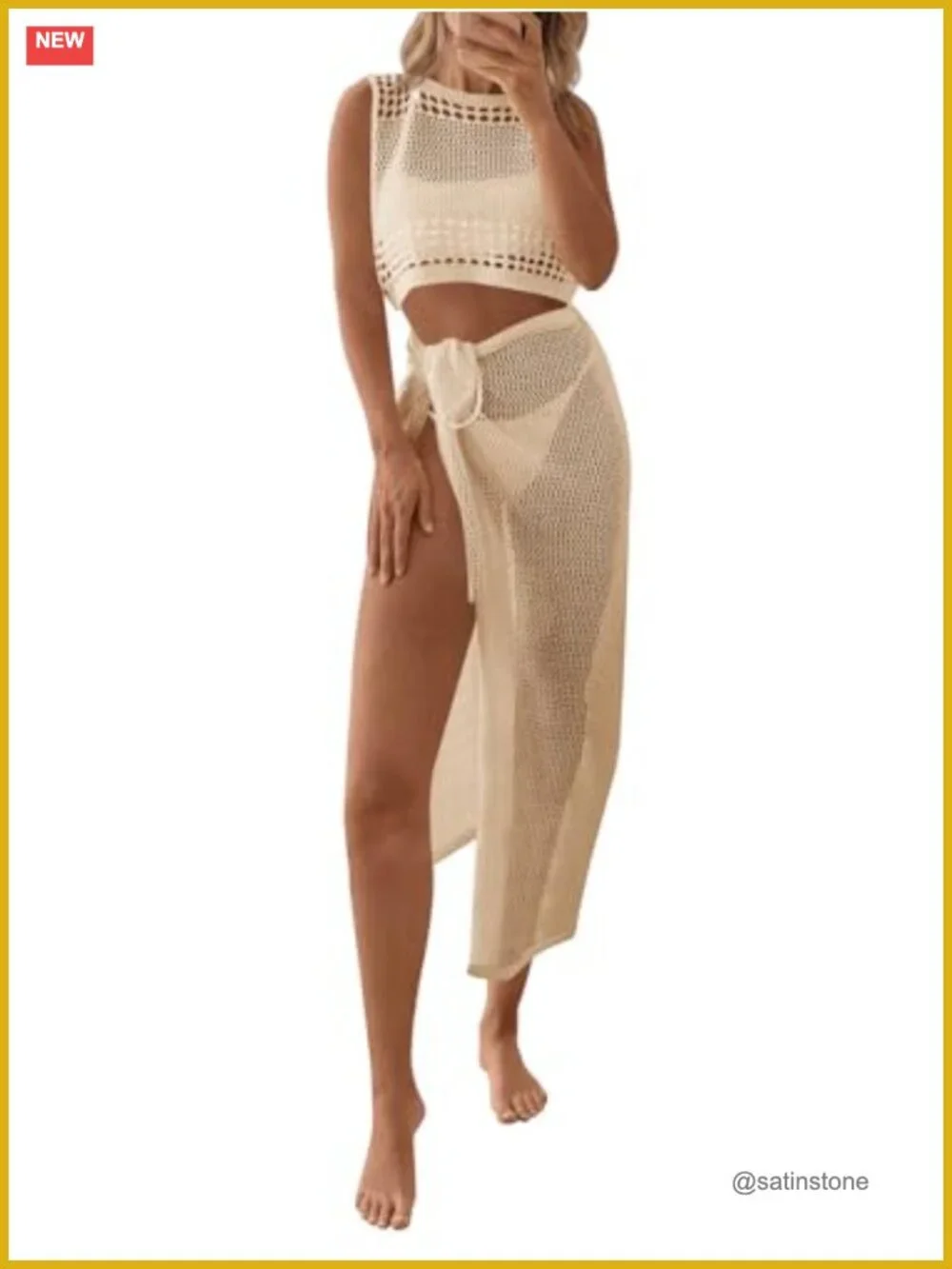 2 Piece Crochet Swim Cover Up Set Crop Top Wrap Skirt Boho Beach